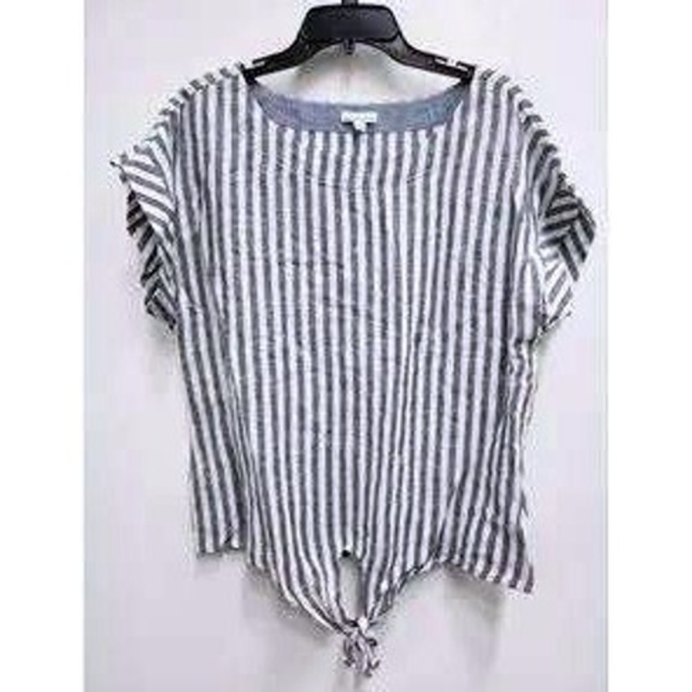 L.L. Bean Signature Top Womens Large Blue White Striped Linen Short Sleeve